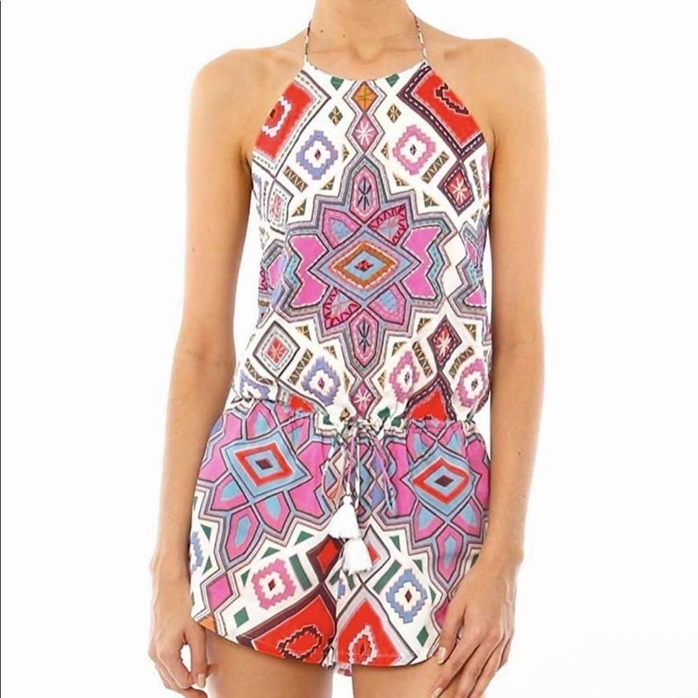 Piper By Townsen Romper Womens Small Multicolor Geometric Halter Jakarta Tassel